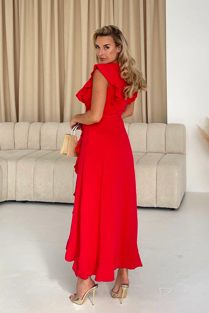 Diana Red Frill Wrap Belted Midi Dress
