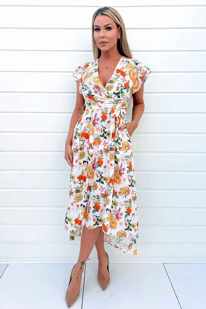 Dominica Cream Floral Print Short Sleeve Belted Wrap Midi Dress