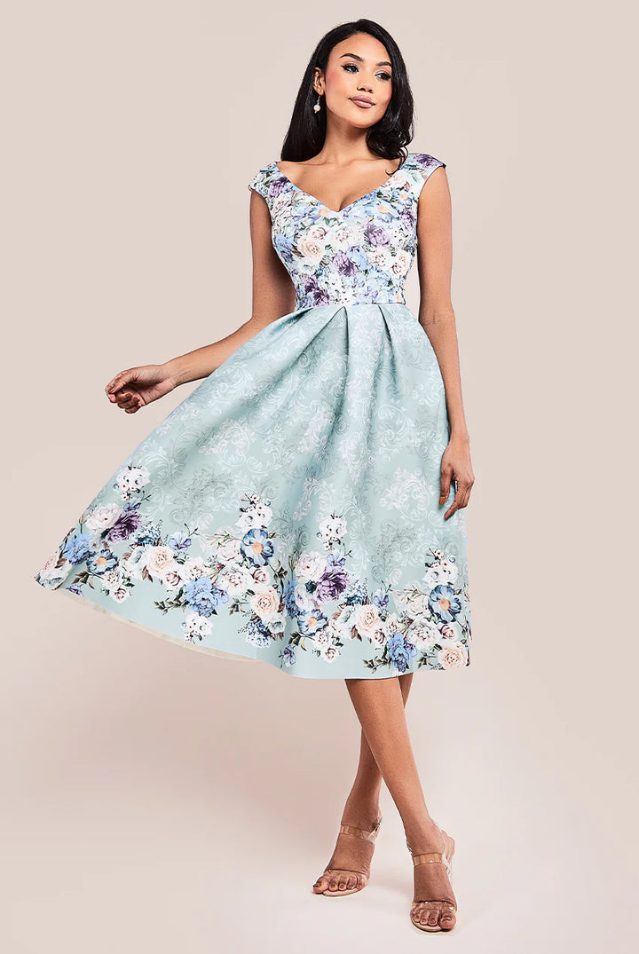 Myah Sage Green Floral Sweetheart Neck Scuba Foam Midi Dress