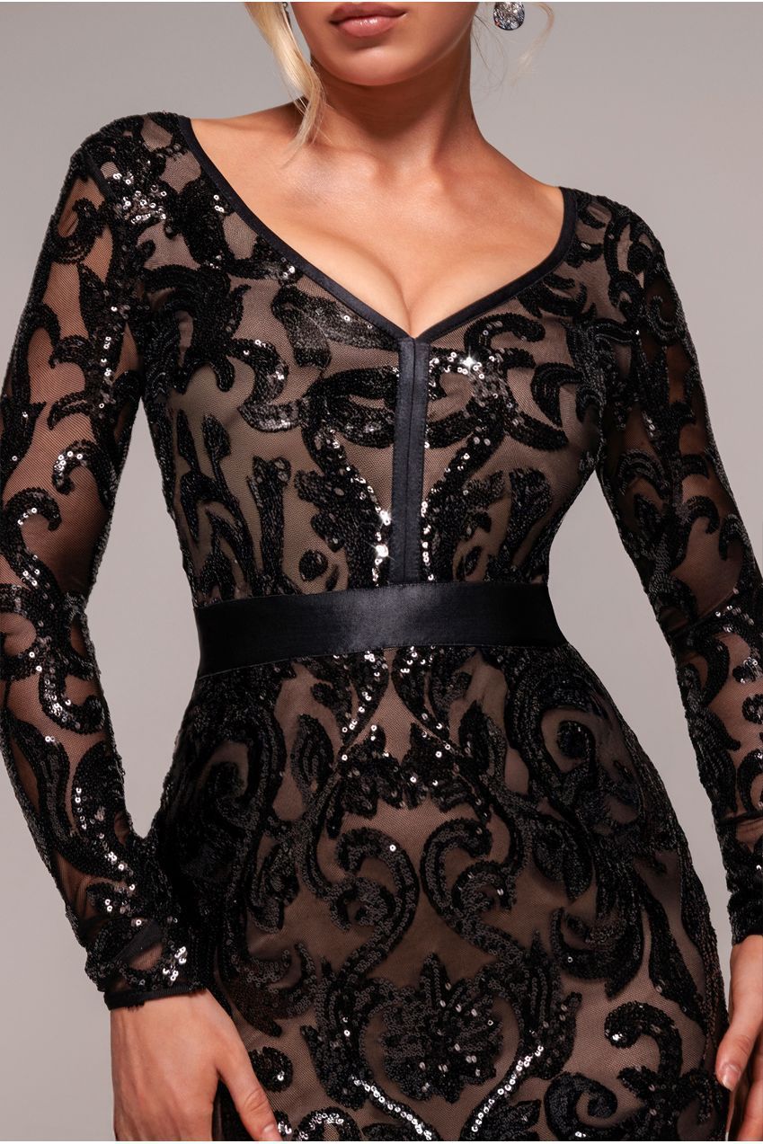 Alexis Black Sequin & Mesh Long Sleeve Bodycon Midi Dress