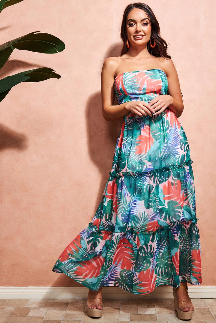 Palm Springs Leaf Print Bandeau Strapless Tiered Maxi Dress
