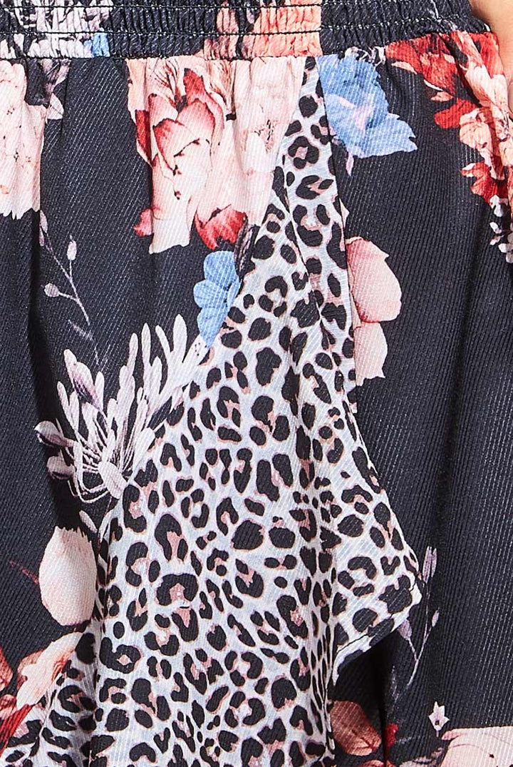 Liana Black Leopardprint Floral Boobtube Waterfall Hem Midi Dress