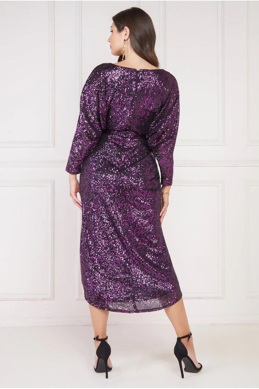 Anastasia Batwing Long Sleeve Sequin Purple Wrap Belted Midi Dress