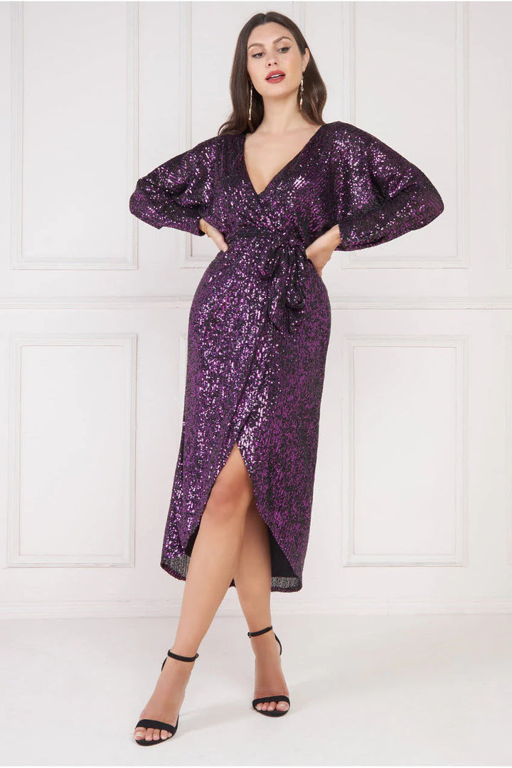 Anastasia Batwing Long Sleeve Sequin Purple Wrap Belted Midi Dress