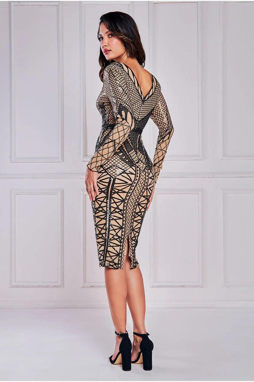 Renee Nude & Black Black Geometric Sequin & Mesh Long Sleeve Bodycon Midi Dress