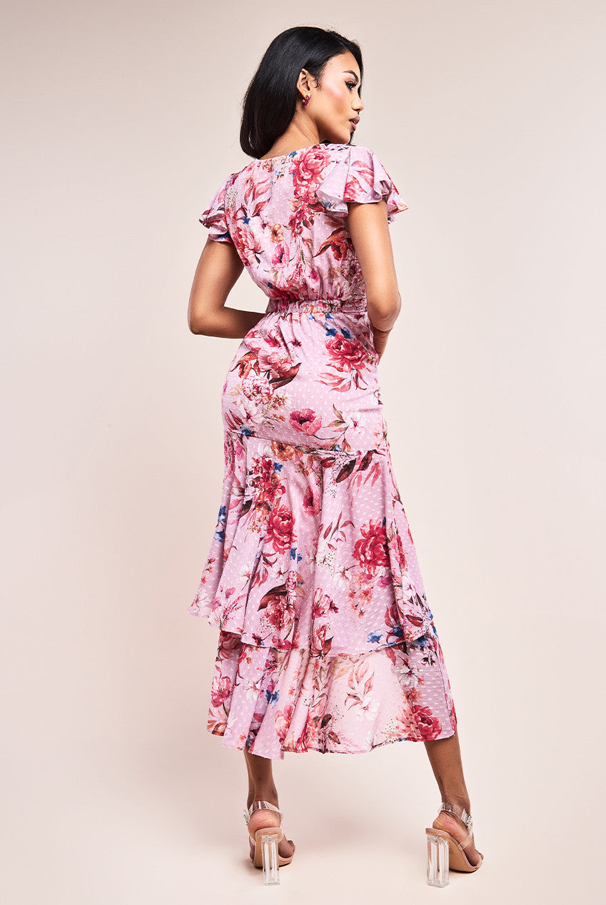 Rosalie Pink Floral Dip Hem Short Sleeve Tiered Midaxi Dress