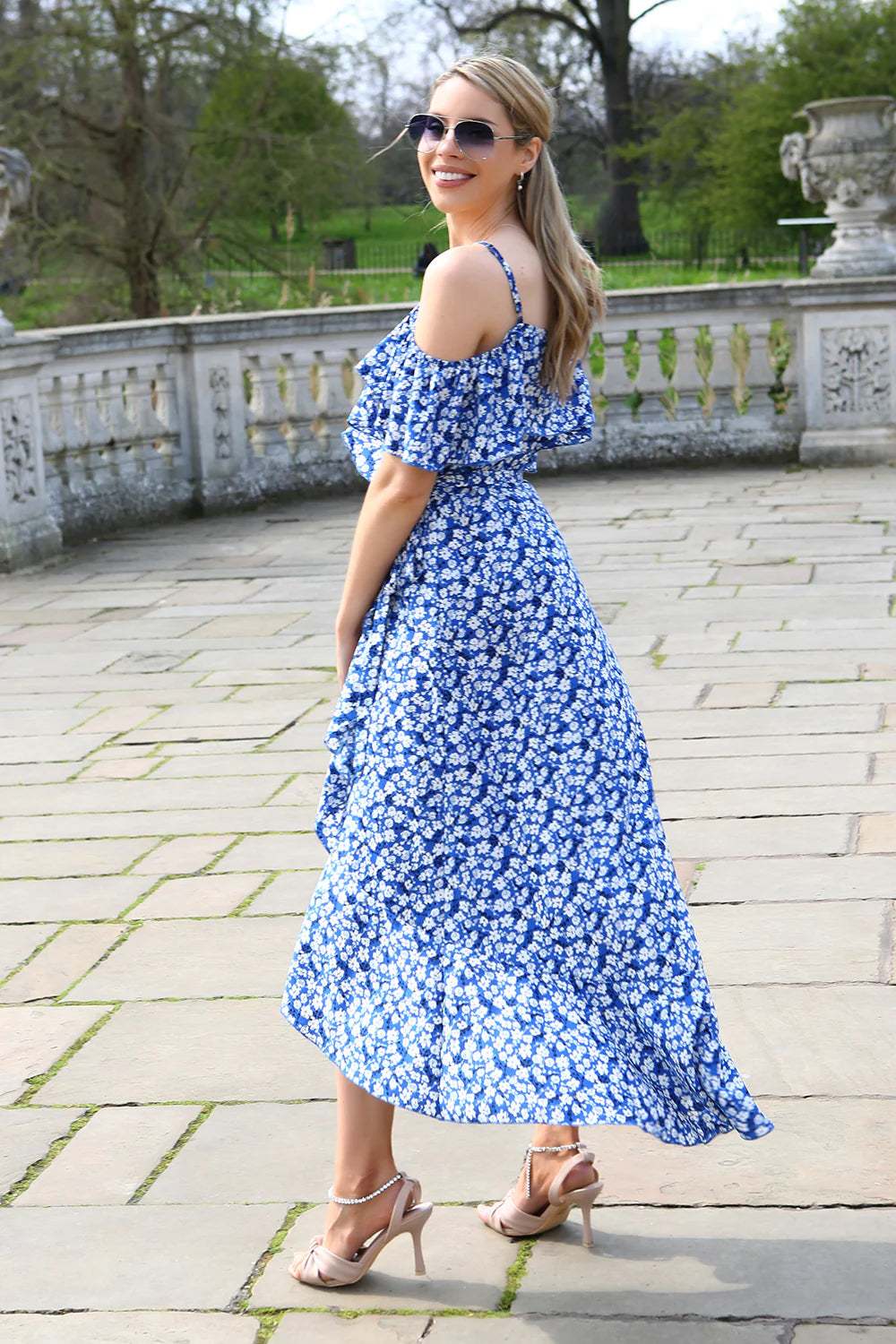 Carys Blue Ditsy Floral Print Wrap Cami Cold Shoulder Midi/Maxi Dress