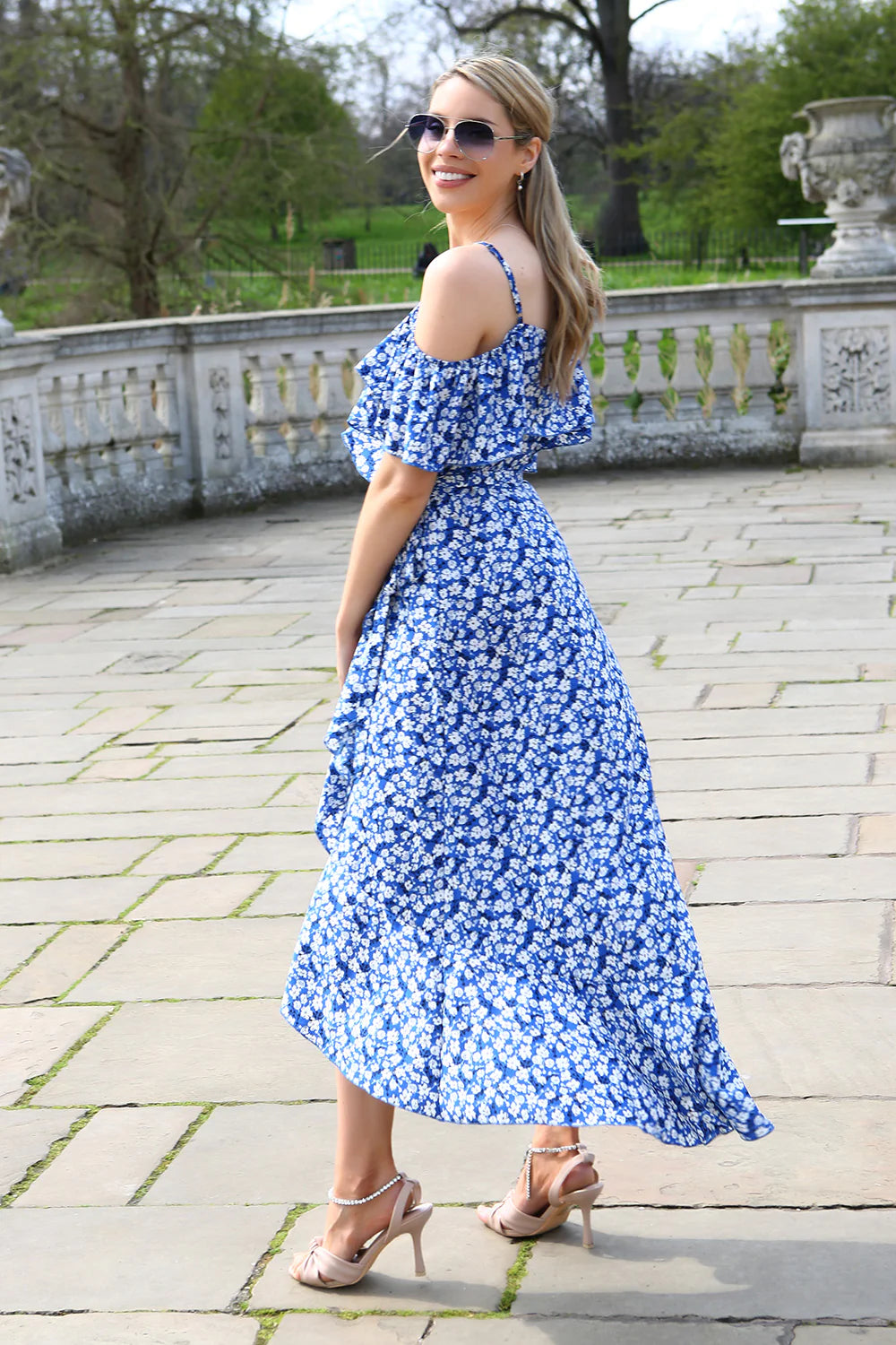 Carys Blue Ditsy Floral Print Wrap Cami Cold Shoulder Midi Maxi Dress
