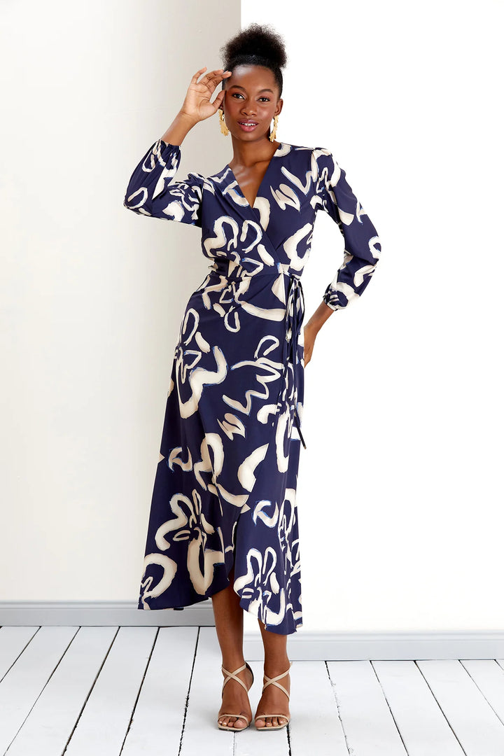 Draped In Luxury Navy Print Belted Wrap Maxi Dress