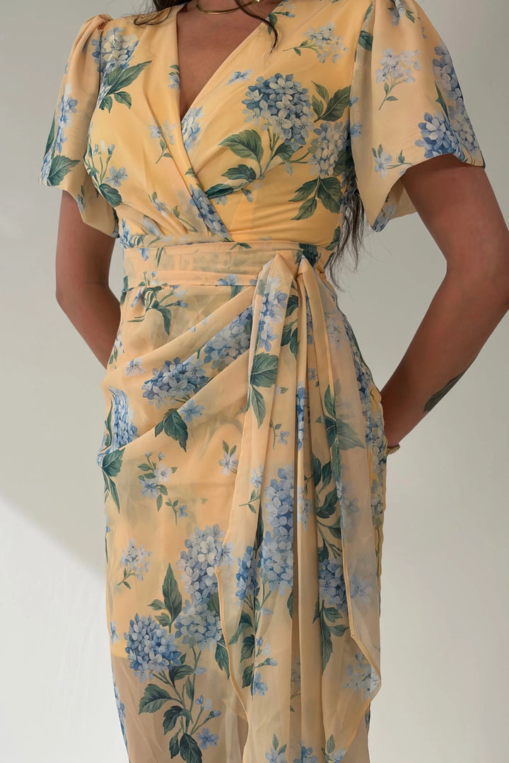 Drew Yellow Floral Wrap Short Puff Sleeve Midi Dress
