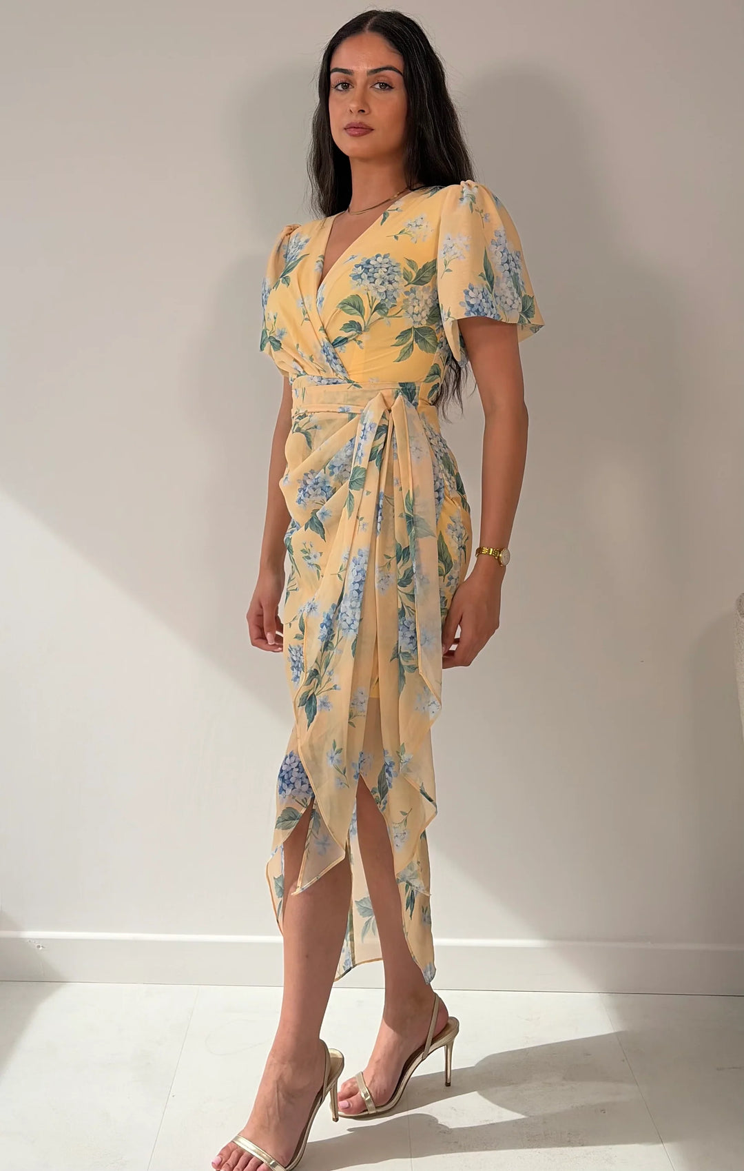Drew Yellow Floral Wrap Short Puff Sleeve Midi Dress