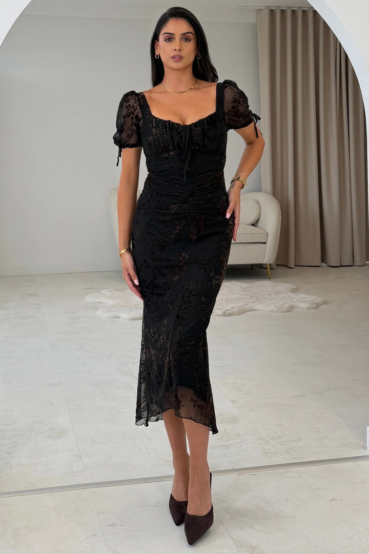 Dove Black & Brown Flocked Ruched Detail Midi Dress