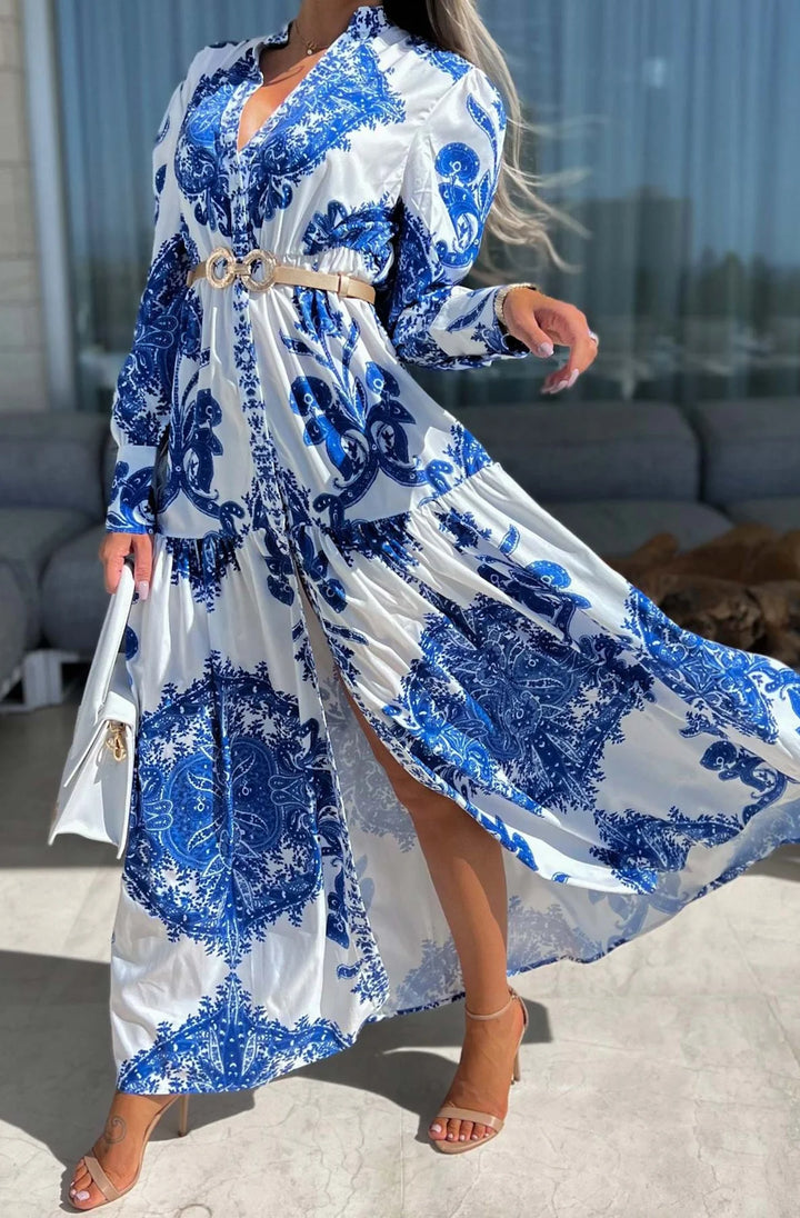 Dionne White & Blue Midaxi Shirt Dress (BELT NOT INC)