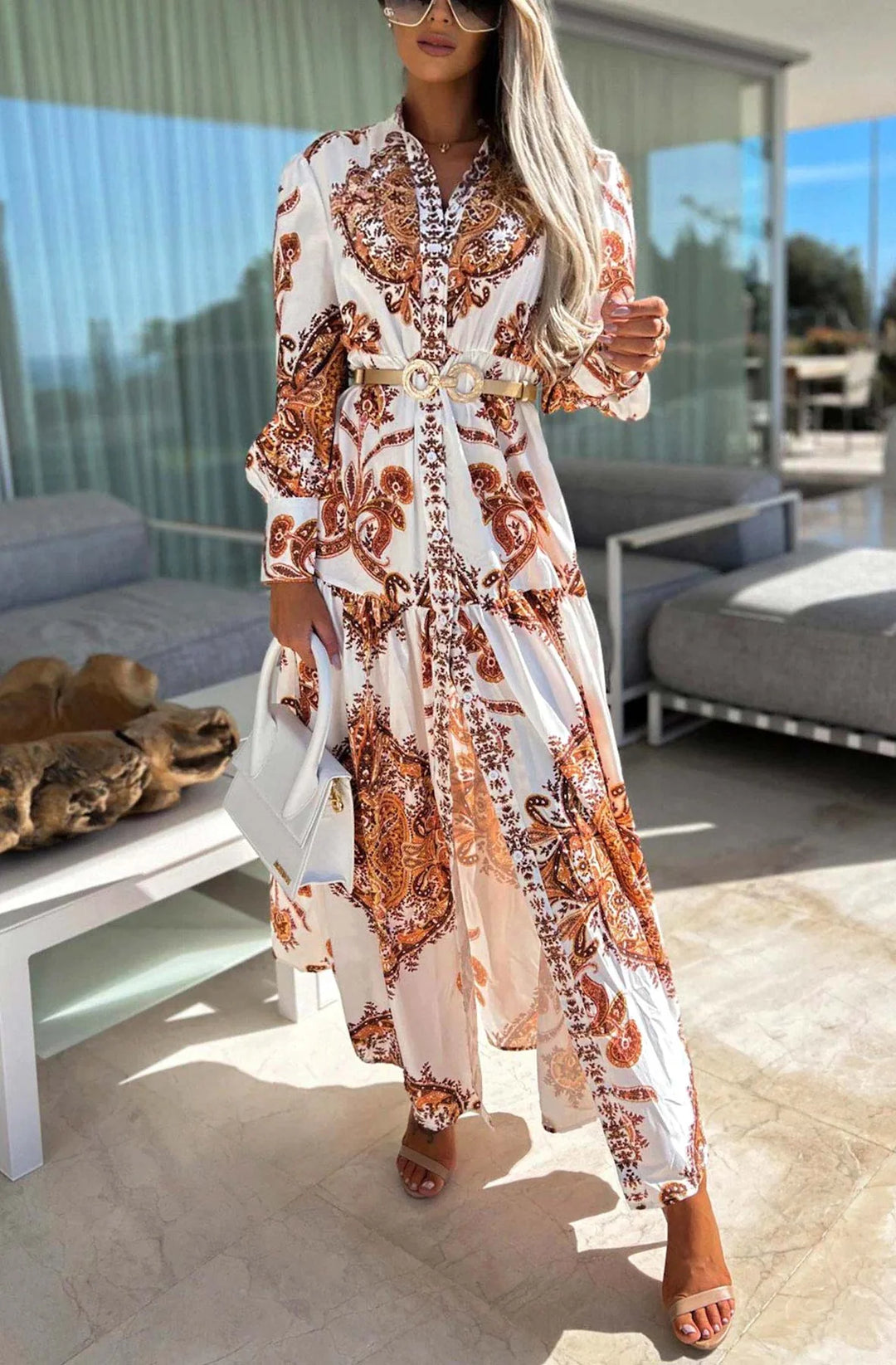 Dionne White & Copper Midaxi Shirt Dress (BELT NOT INC)