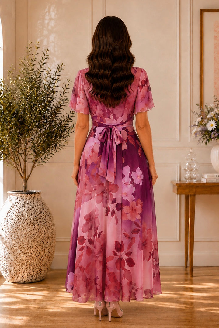 Isobel Plum Floral Angel Sleeve Belted Maxi Dress - REGULAR LENGTH (3 LENGTHS)