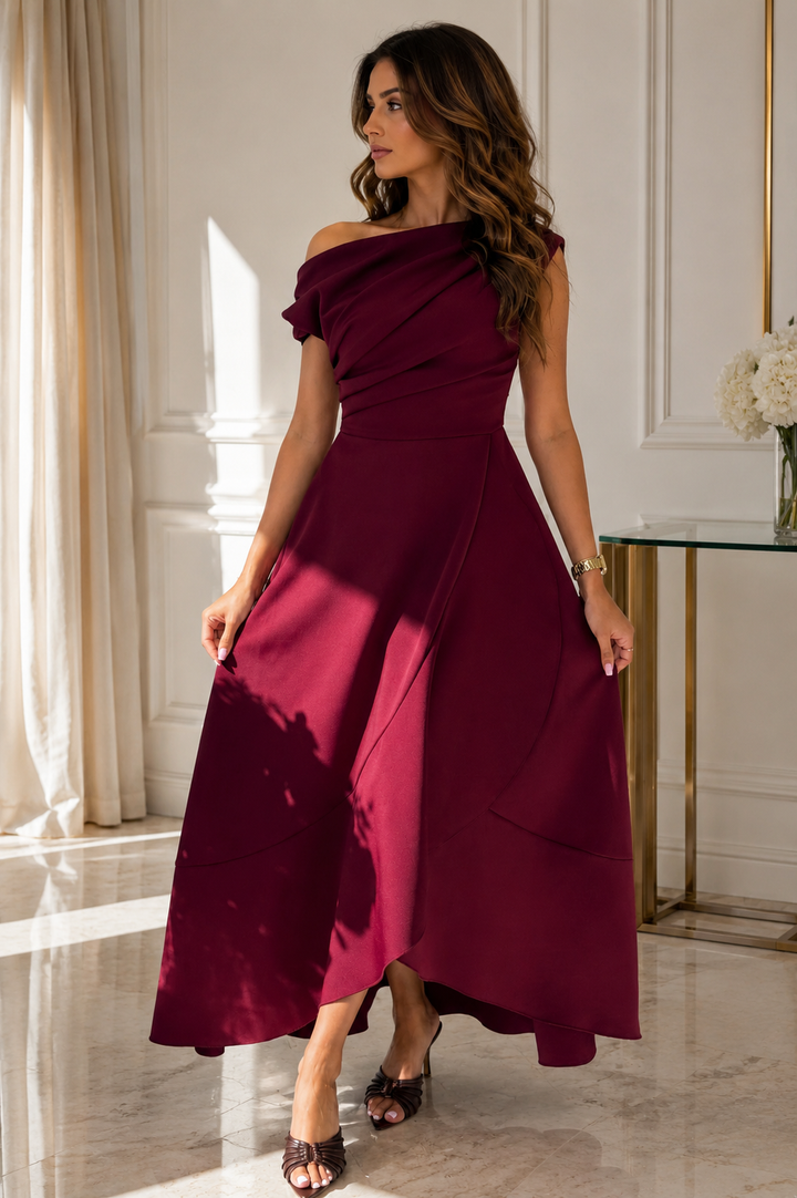Florie Burgundy Asymmetric Neckline Maxi Dress