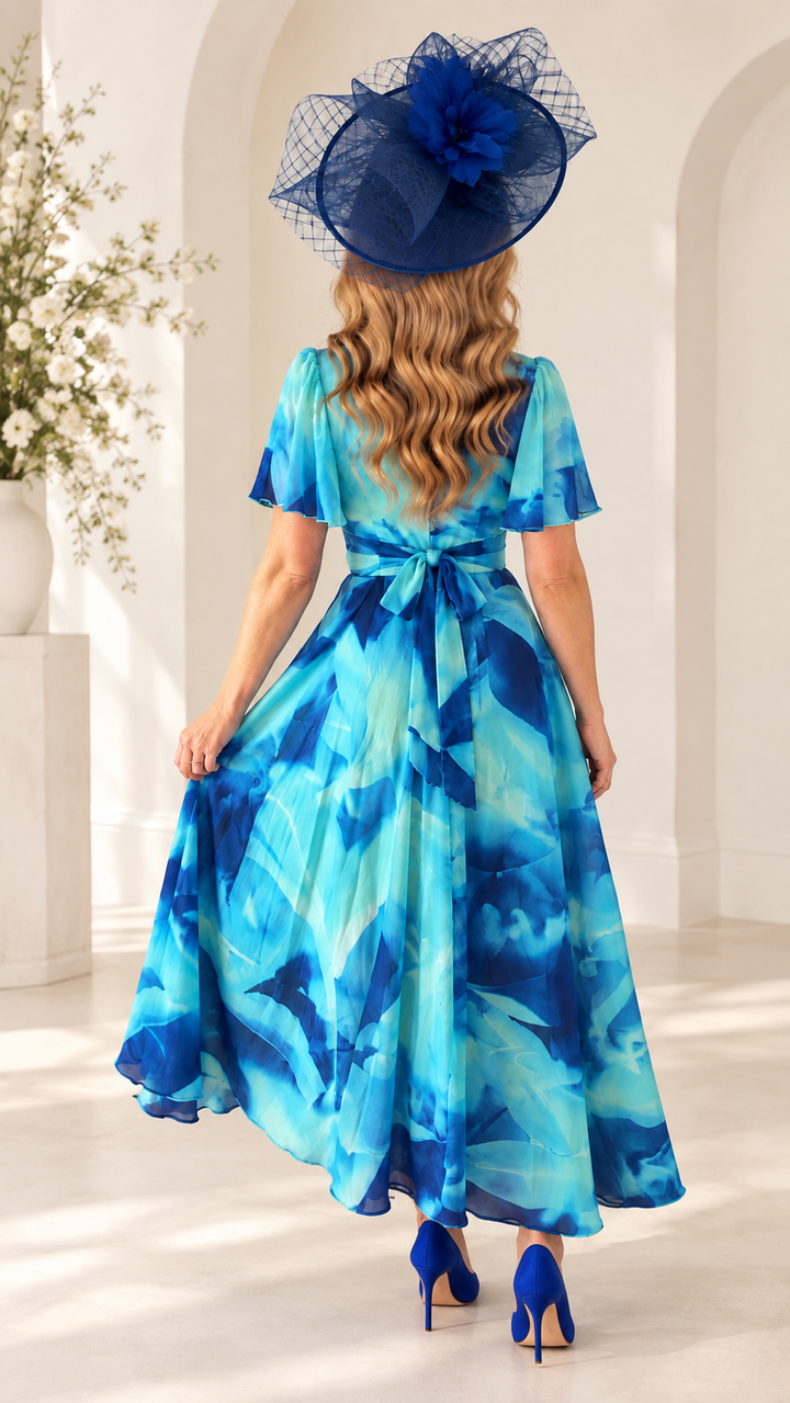 Isobel Blue Abstract Angel Sleeve Belted Mesh Maxi Dress - REGULAR LENGTH (3 LENGTHS)