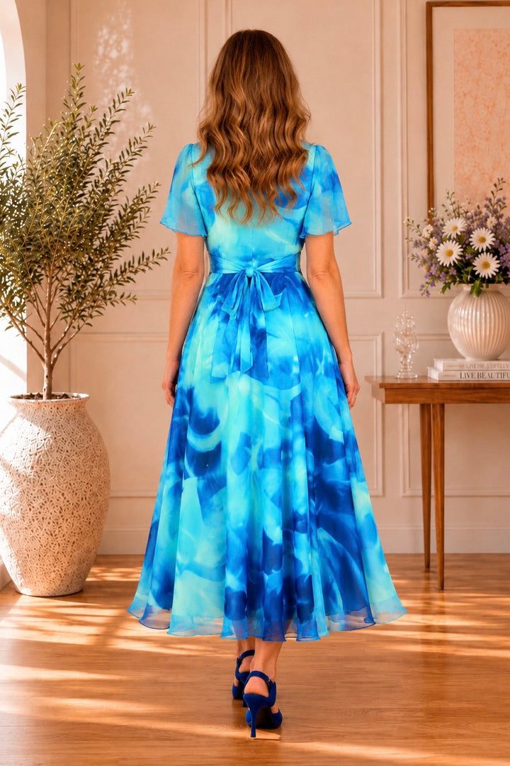 Isobel Blue Abstract Angel Sleeve Belted Mesh Maxi Dress - REGULAR LENGTH (3 LENGTHS)