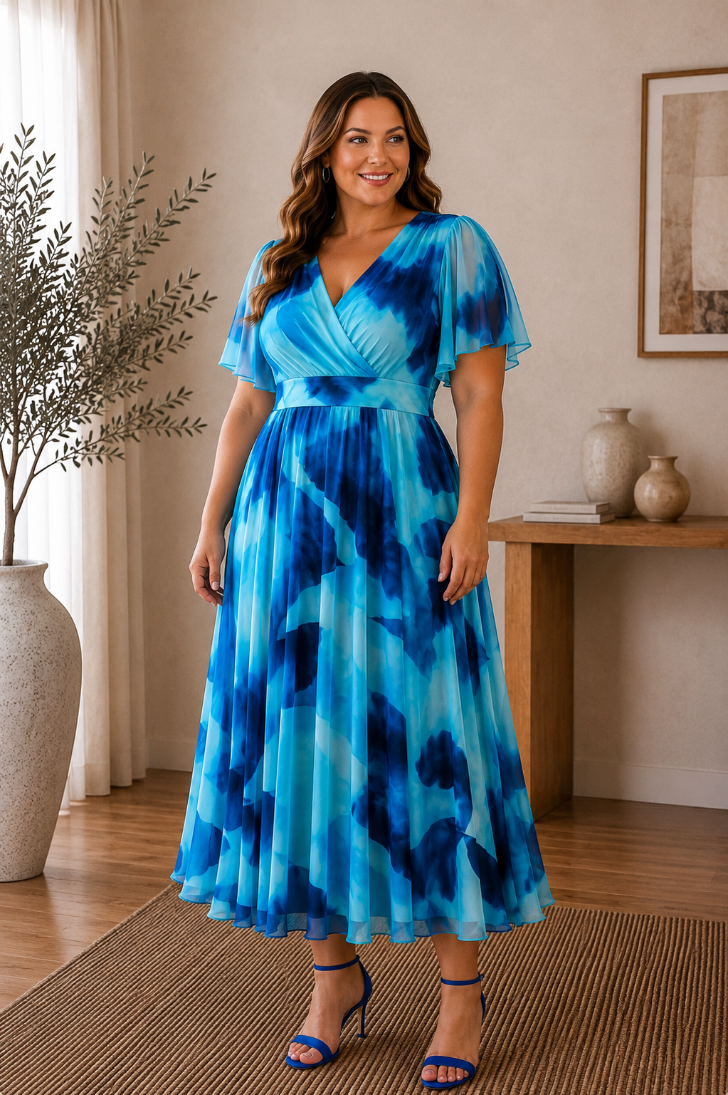 Isobel Blue Abstract Angel Sleeve Belted Mesh Maxi Dress - PETITE LENGTH (3 LENGTHS)