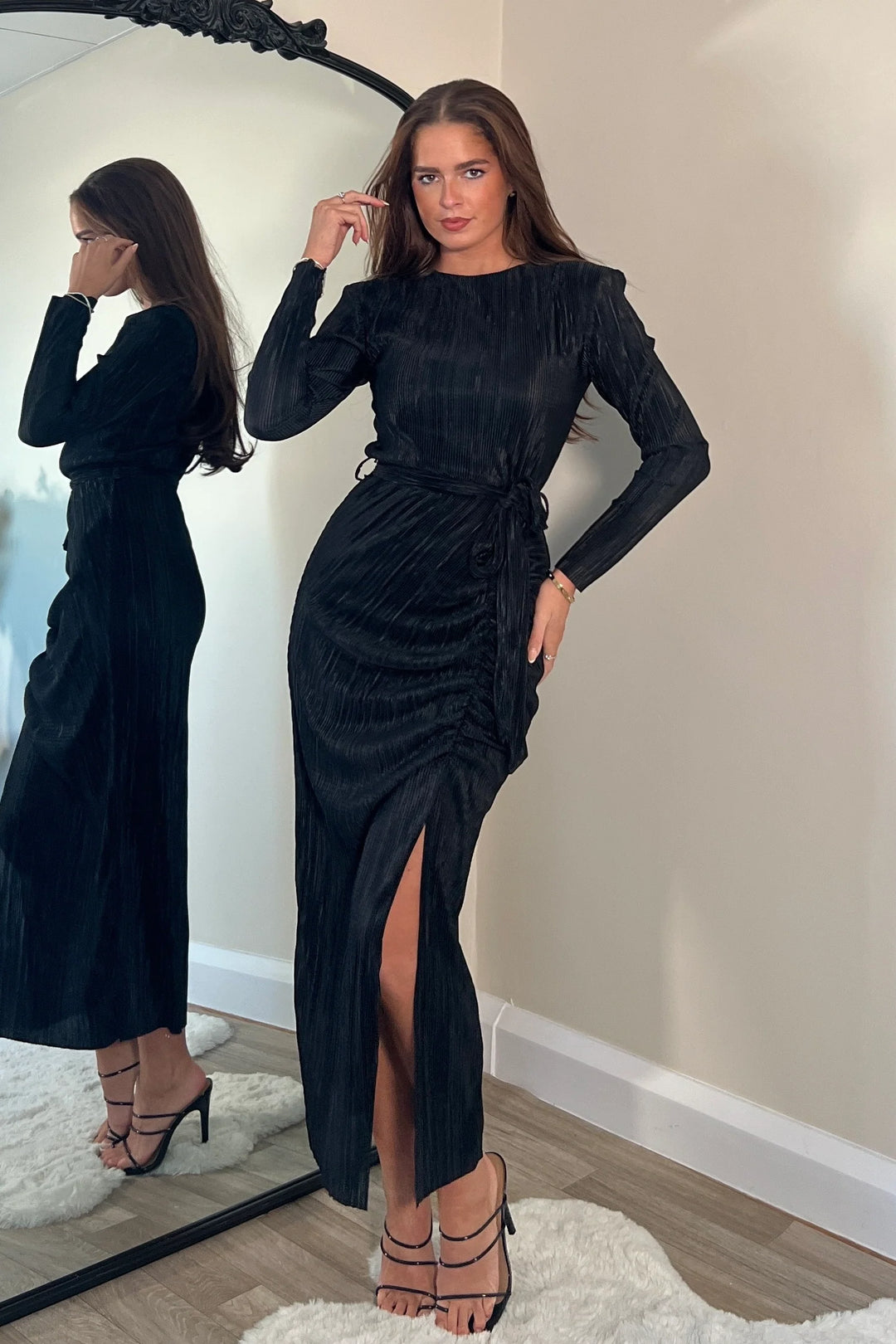 Elena Black Ruched Plisse Bodycon Long Sleeve Belted Midi Dress Elena Black Ruched Plisse Bodycon Long Sleeve Belted Midi Dress
