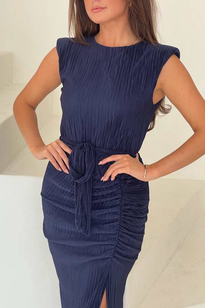 Elena Navy Sleeveless Ruched Plisse Bodycon Belted Midi Dress