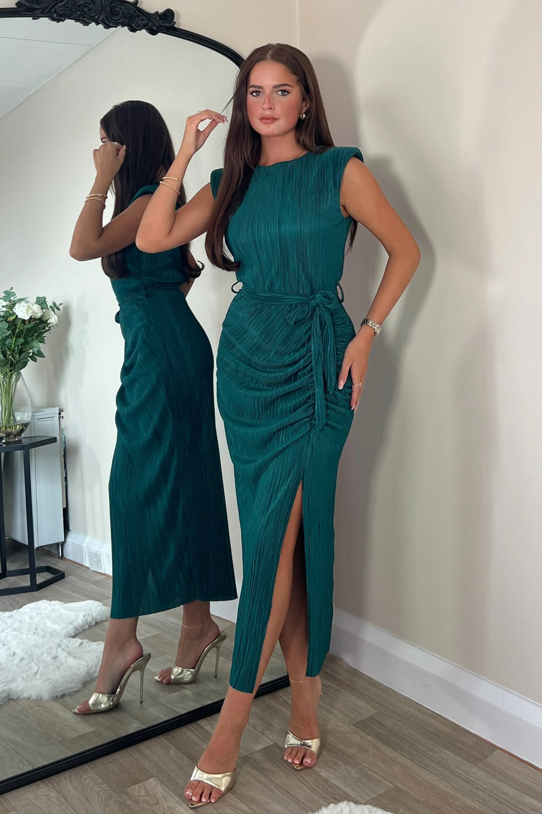 Elena Teal Green Sleeveless Ruched Plisse Bodycon Belted Midi Dress