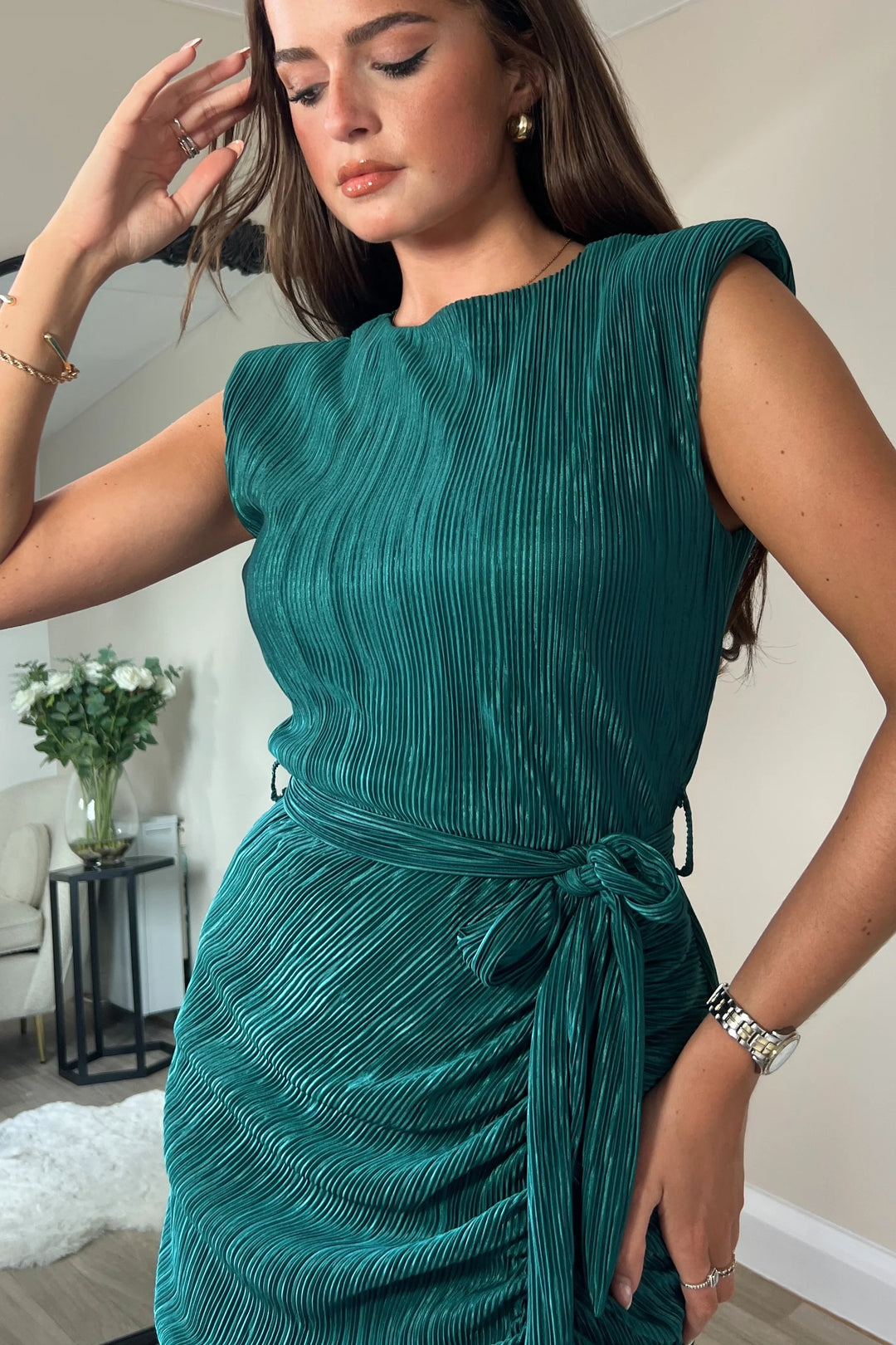 Elena Teal Green Sleeveless Ruched Plisse Bodycon Belted Midi Dress