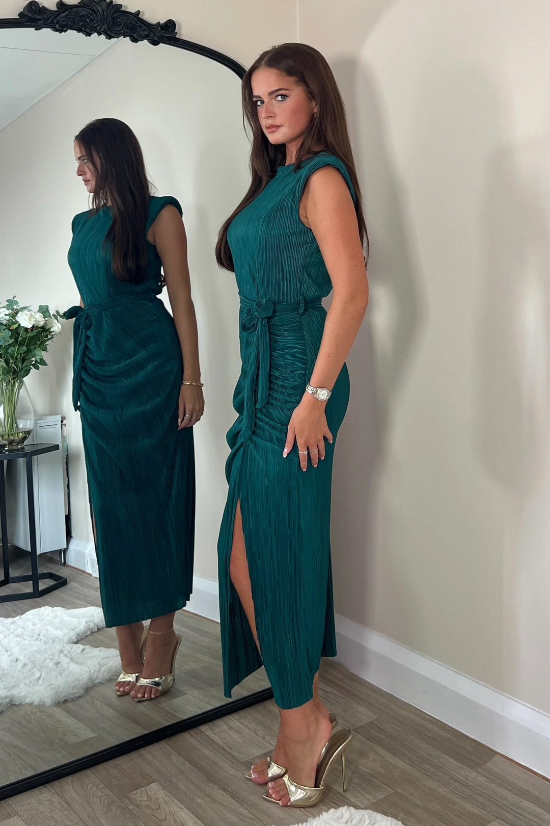 Elena Teal Green Sleeveless Ruched Plisse Bodycon Belted Midi Dress