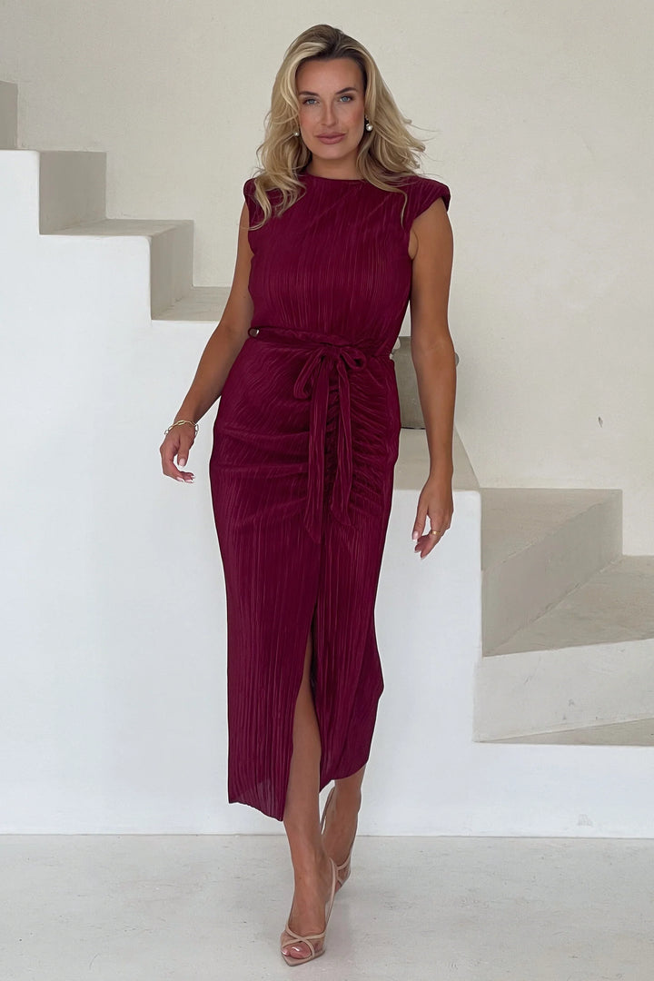 Elena Burgundy Wine Red Sleeveless Ruched Plisse Bodycon Belted Midi Dress