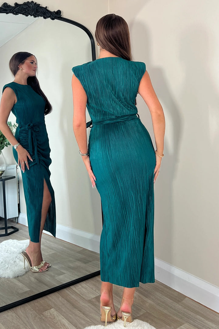 Elena Teal Green Sleeveless Ruched Plisse Bodycon Belted Midi Dress