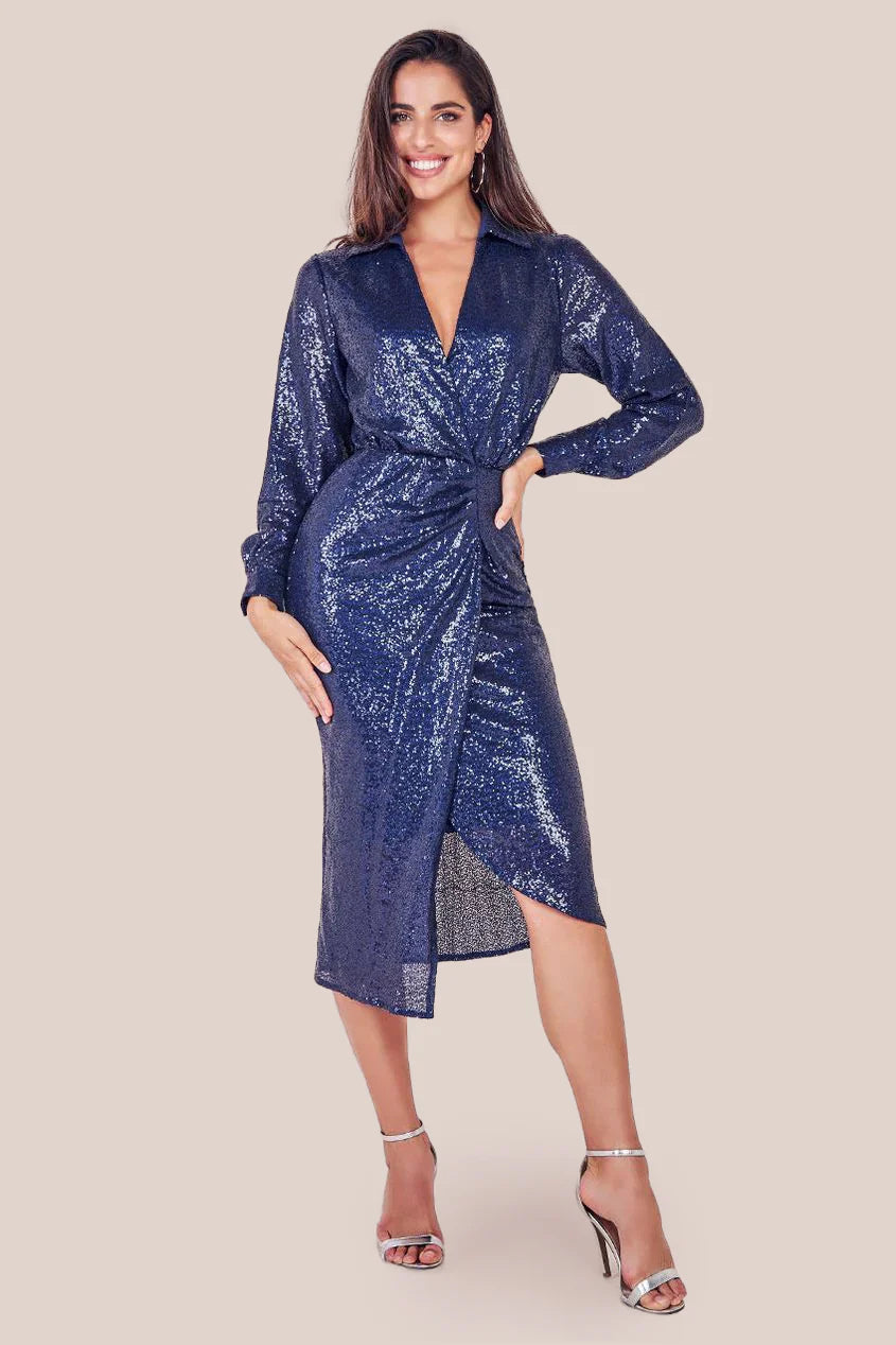 Eloise Navy Sequin Front Split Shirt Dress - BY GODDIVA