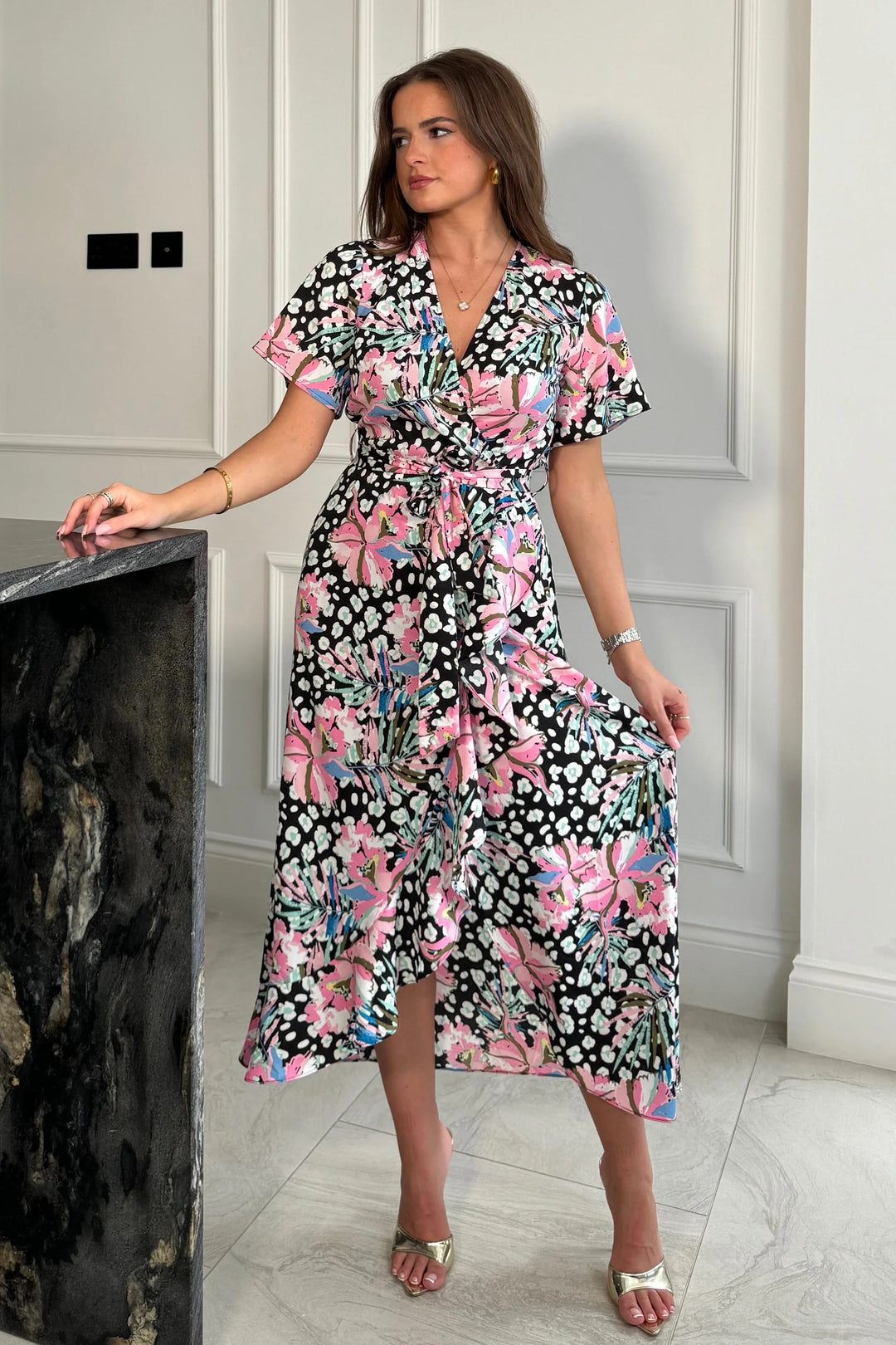 Farrah Black and Pink Floral Print Frill Detail Wrap Maxi Dress