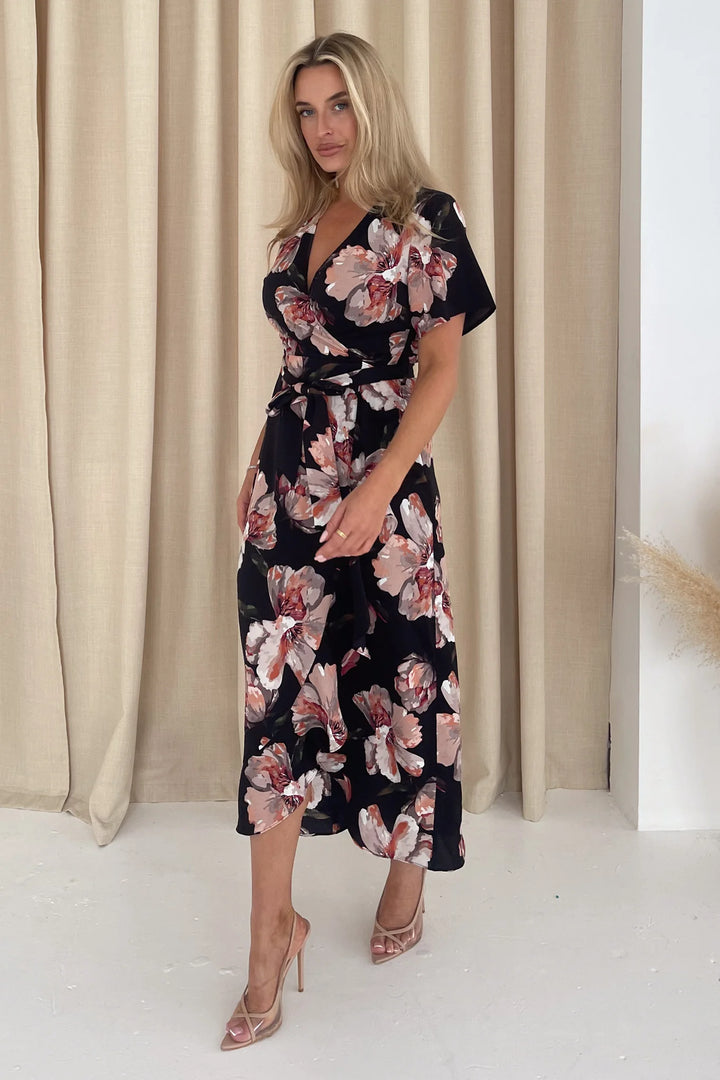 Farrah Black Floral Frill Wrap Detail Maxi Dress