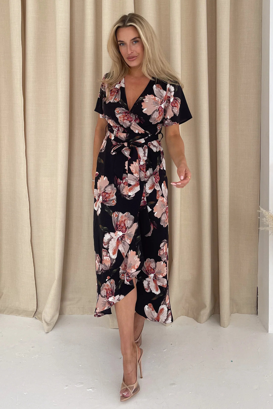 Farrah Black Floral Frill Wrap Detail Maxi Dress