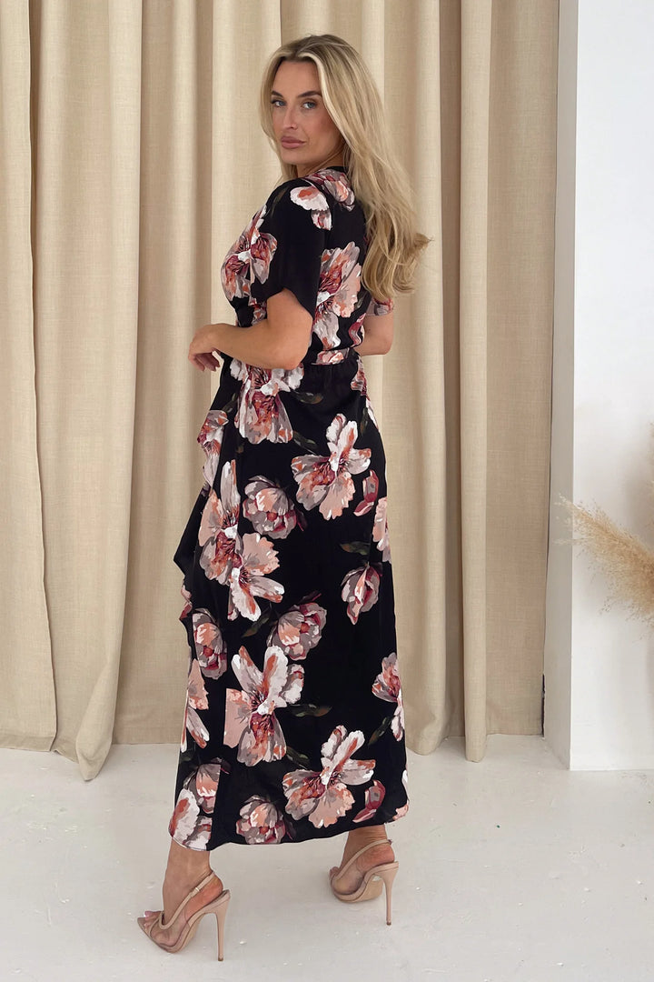 Farrah Black Floral Frill Wrap Detail Maxi Dress