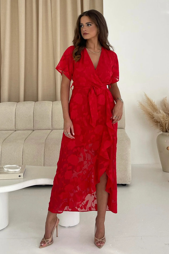 Farren Bright Red Floral Wrap Detail Belted Maxi Dress