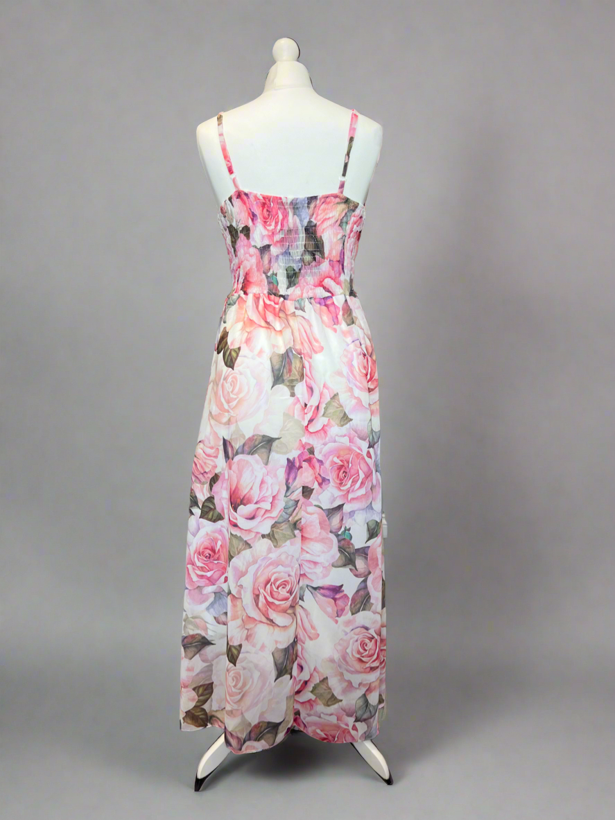 Kayleigh Pink Rose Print Cami Strap Shirred Maxi Dress
