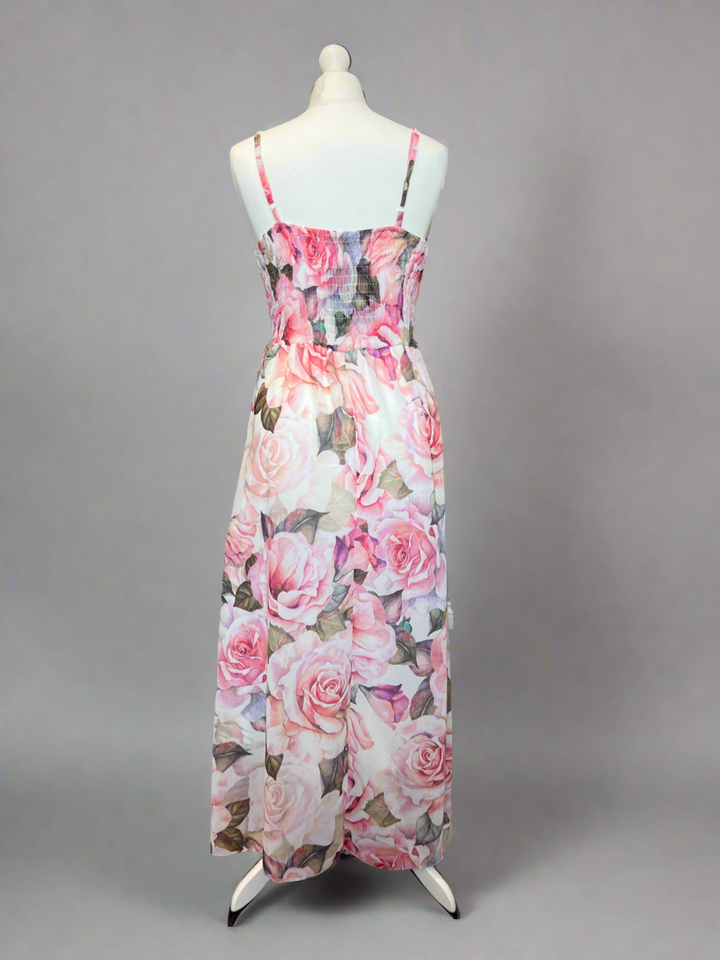 Kayleigh Pink Rose Print Cami Strap Shirred Maxi Dress