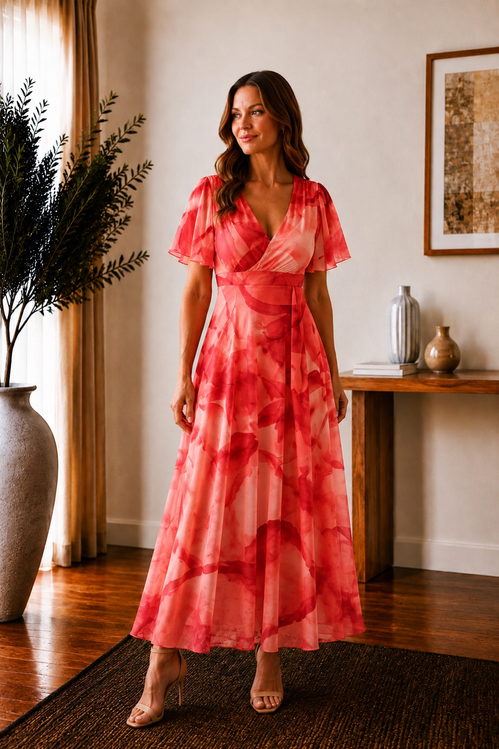 Isobel Coral Abstract Angel Sleeve Belted Mesh Maxi Dress - REGULAR LENGTH (3 LENGTHS)