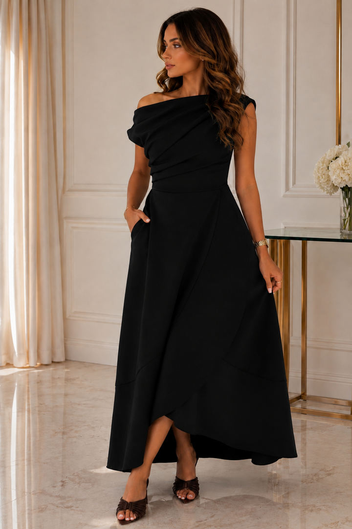 Florie Black Asymmetric Neckline Maxi Dress