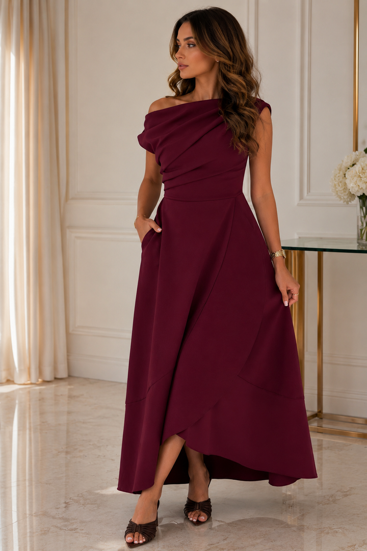 Florie Burgundy Asymmetric Neckline Maxi Dress
