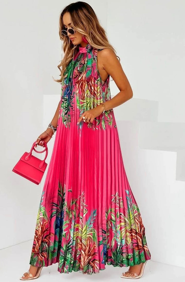 Antigua Fuchsia Pink Floral Halter Neck Pleated Maxi Dress