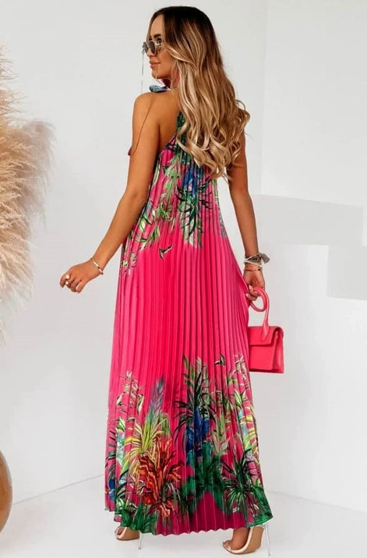 Antigua Fuchsia Pink Floral Halter Neck Pleated Maxi Dress