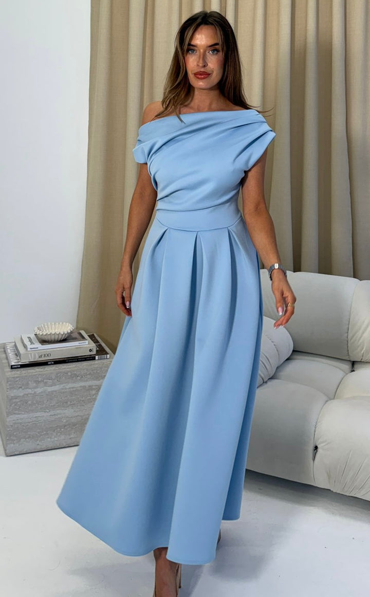 Betty Baby Blue Asymmetric Neckline Skater Maxi Dress With Pockets (PRE-ORDER TO SHIP IN JANUARY)