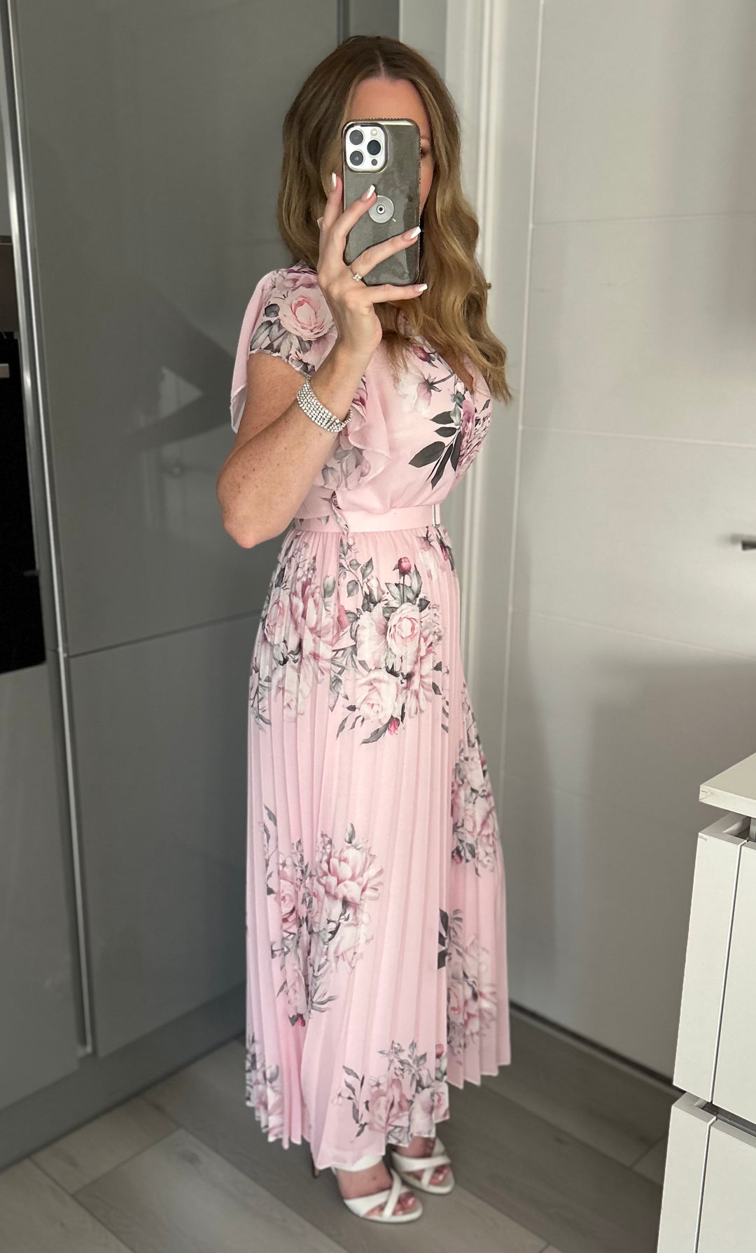 Amalfi Coast Baby Pink Floral Chiffon Short Sleeve Pleated Belted Maxi Dress | LittleMadam Amalfi Coast Baby Pink Floral Chiffon Short Sleeve Pleated Belted Maxi Dress | LittleMadam