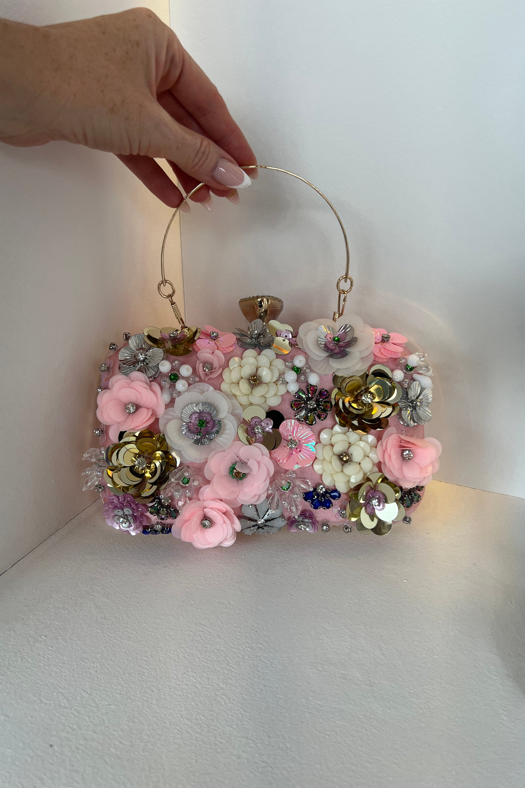 Rio Premium Pink 3D Floral Embellished Clutch Box Bag