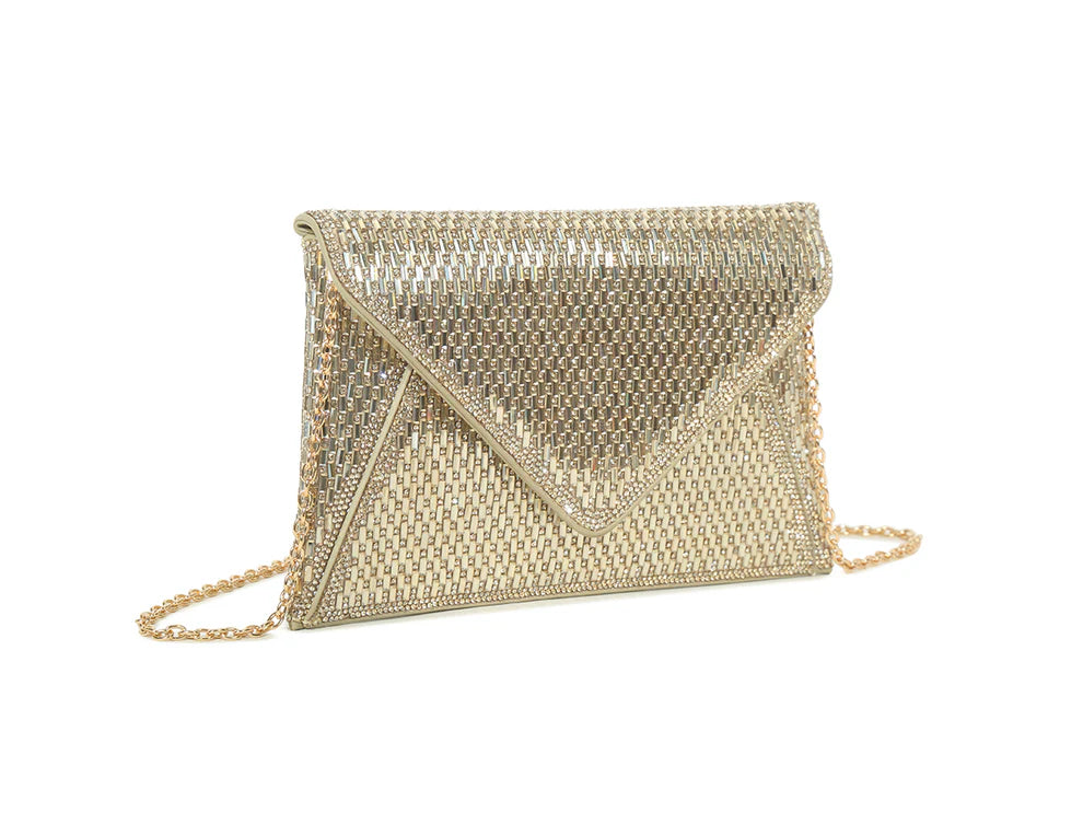 Azaire Crystal Embellished Sparkly Envelope Clutch Bag - Gold