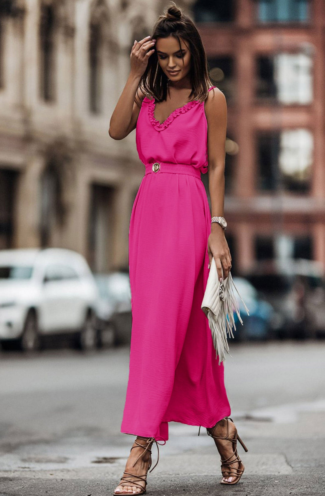 Giovanna Hot Pink Cami Strap Belted Maxi Dress