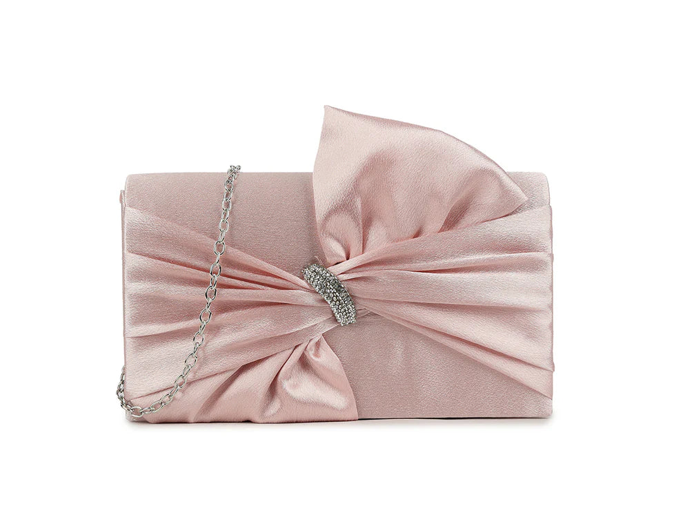 Palermo Blush Pink Satin Front Bow Detail Clutch Bag