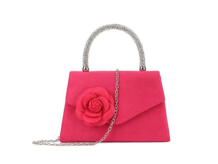 Rose Embellished Suede Effect Hand Bag - Fuchsia